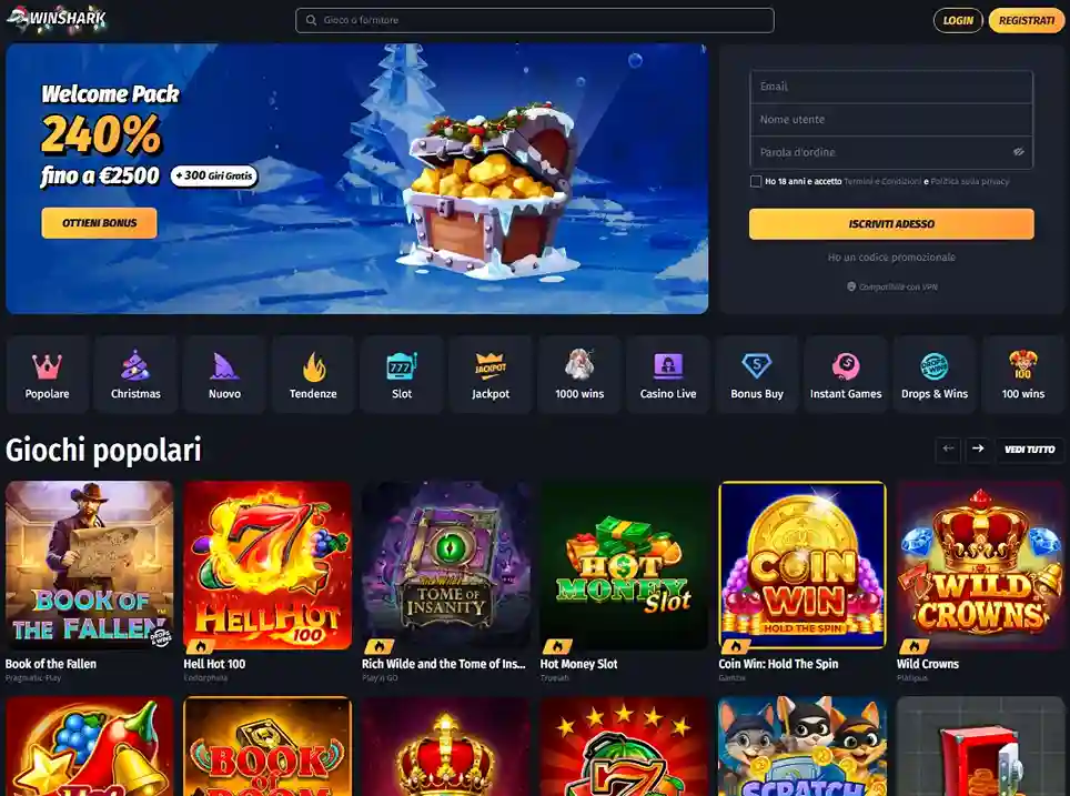 Homepage del casinò online con slot e giochi popolari