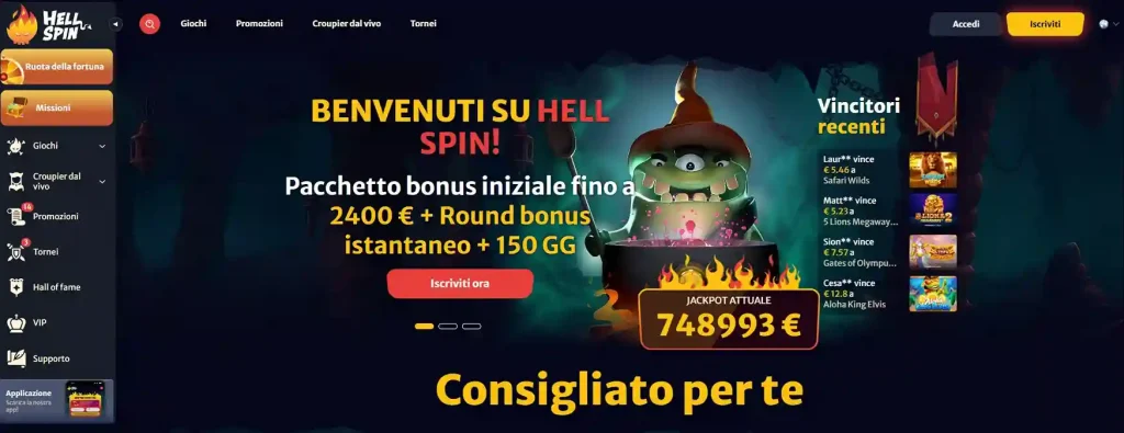 Pagina promozionale HellSpin Italia con bonus di benvenuto fino a 2400€
